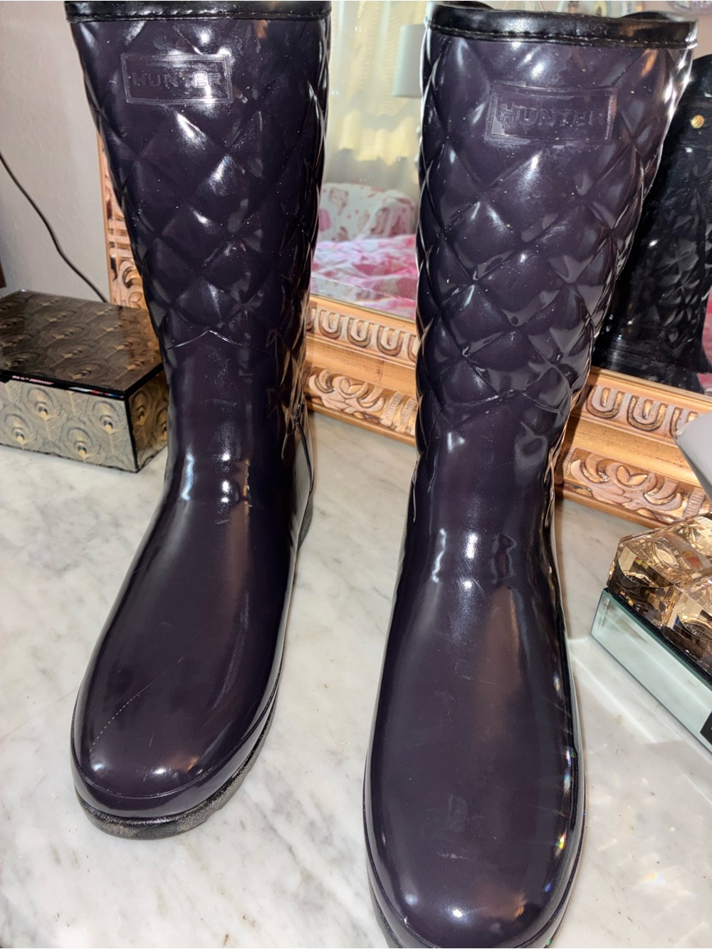Hunter Quilted Gloss Women's Tall Rain Boots in Deep Purple
